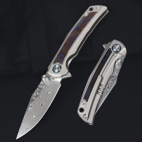 RWL34+PMC27 Damascus Steel Blade Titanium Handle Folding Pocket Hunting Knife UD408872